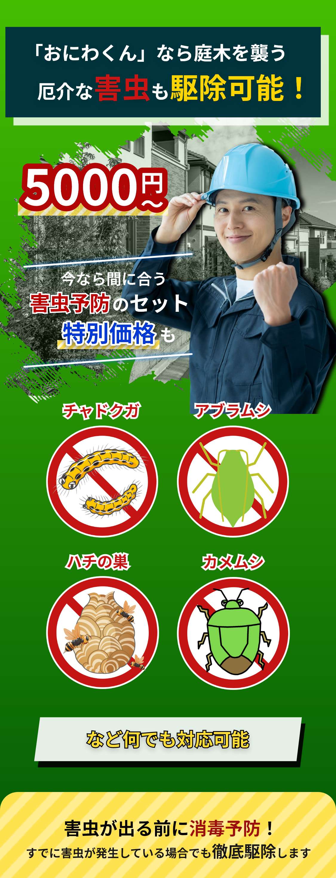 「おにわくん」なら庭木を襲う厄介な害虫も駆除可能！5,000円～。「チャドクガ」「アブラムシ」「ハチの巣」「カメムシ」など何でも対応可能。害虫が出る前に消毒予防！すでに害虫が発生している場合でも徹底駆除します。